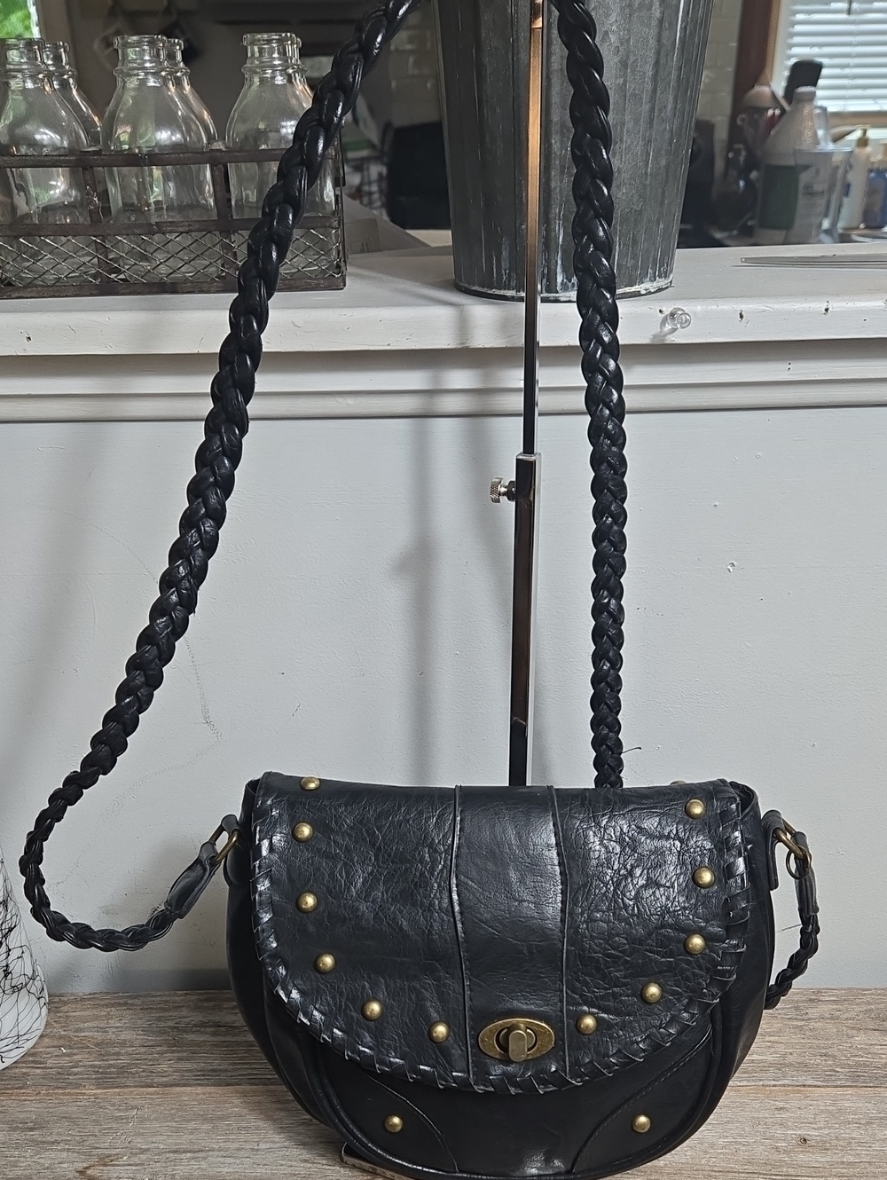 Black Studded Leather Saddle Braided Crossbody Bag - Picture 2 of 10